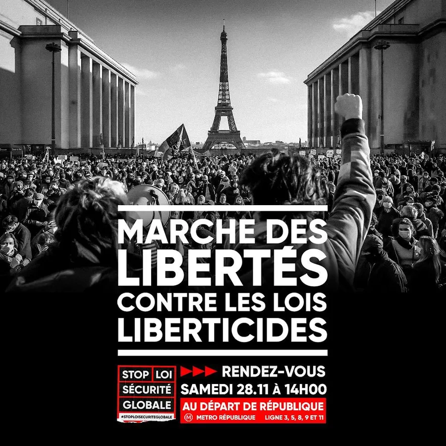 Avenir Lycéen, Blanquer nie et méprise. Solidarité avec les migrants. En finir avec les lois liberticides : Marche des libertés Paris, République, samedi 28 novembre.