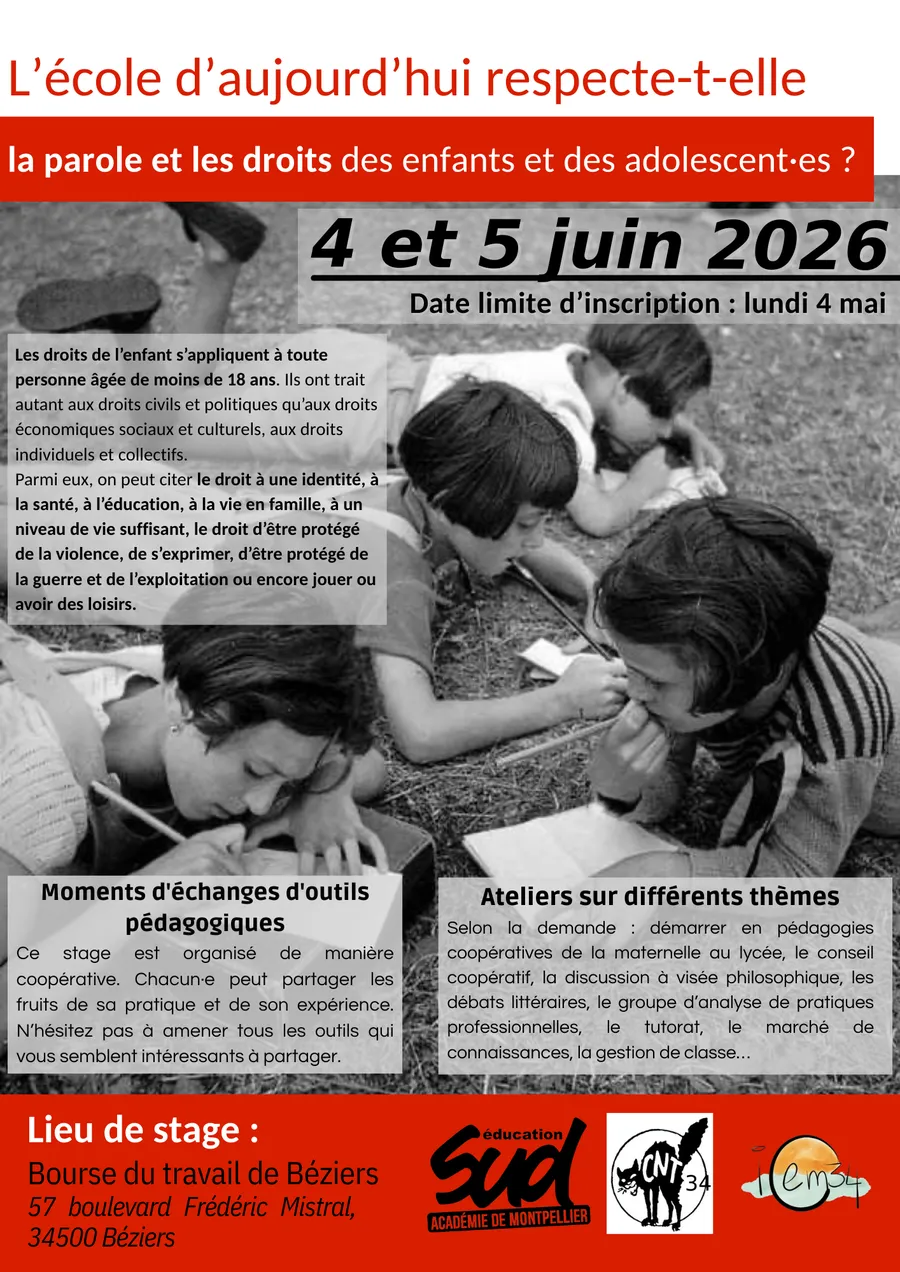 Stage pédagogies émancipatrices : « L’école d’aujourd’hui respecte-t-elle la parole et les droits des enfants et des adolescent·es ?